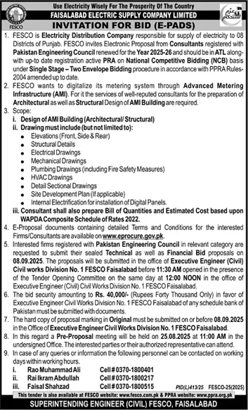 Faisalabad Electric Supply Company Limited Tender Notice